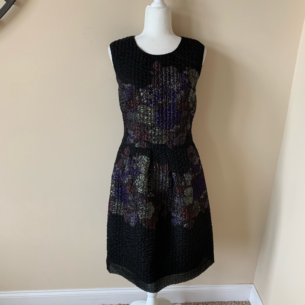 Lela Rose Black Textured Midi Dress with Metallic Floral Accents